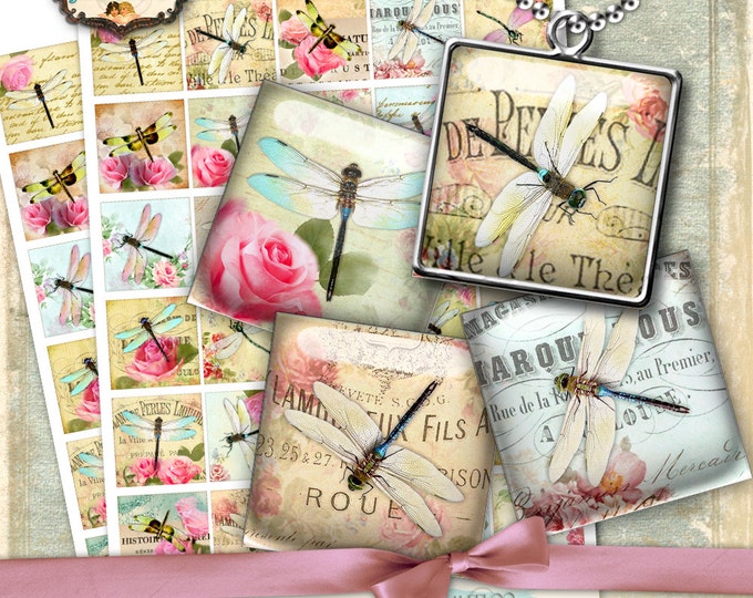 DRAGONFLY Digital printable 1.5 inch square sheets digital images insect paper goods chic vintage pendant craft instant download qu477