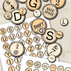 May include: Digital paper set featuring vintage typewriter keys. The keys are round with a cream-colored background and black lettering. Includes letters, numbers, and symbols. The image also includes the text "Typewriter Keys".