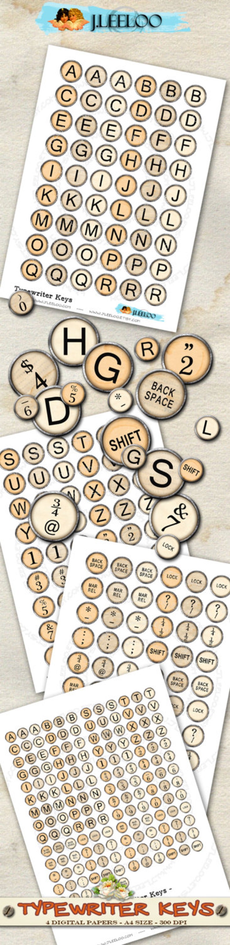 May include: Digital paper set featuring vintage typewriter keys. The keys are round with a cream-colored background and black lettering. Includes letters, numbers, and symbols. The image also includes the text "Typewriter Keys".