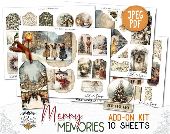 MERRY MEMORIES Add-On Kit Junk Journal Pages printable | Christmas Romantic Scrapbook vintage Digital art supplies | Fussy cut | pp874