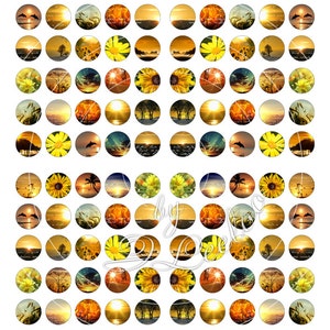May include: A sheet of 16mm round, colorful, printed images featuring various sunset scenes, palm trees, sunflowers, and dolphins. The images are arranged in a grid pattern and labeled "sunshine".