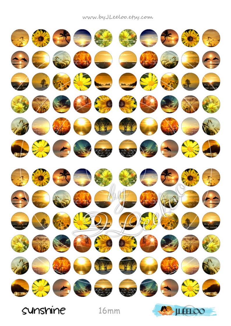 May include: A sheet of 16mm round, colorful, printed images featuring various sunset scenes, palm trees, sunflowers, and dolphins. The images are arranged in a grid pattern and labeled "sunshine".