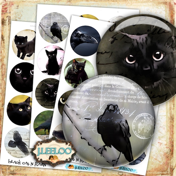 Digital paper BLACK CAT n RAVEN 2.5 inch circle dark gothic victorian poe magnet stickers pendant instant download printable tn456