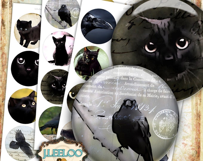 Digital paper BLACK CAT n RAVEN 2.5 inch circle dark gothic victorian poe magnet stickers pendant instant download printable tn456