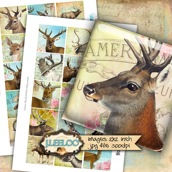 Digital printable HORNS 2x2 inch square deer moose digital images paper goods mirror chic vintage pendant craft instant download qu454