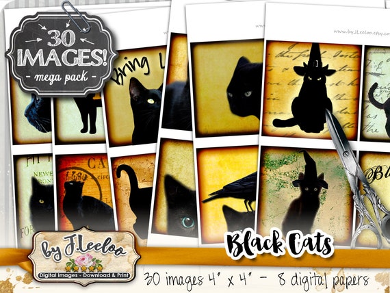 BLACK CATS 4x4 inch square printable for coaster jewelry holder hang tags invitations party instant download digital collage sheet- qu528