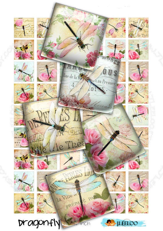 Digital printable DRAGONFLY 1x1 inch square sheets digital images insect paper goods chic vintage pendant craft instant download qu425