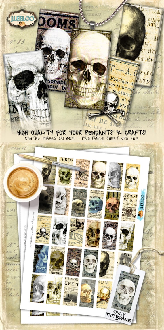 SKULLS printable 2x1 inch domino goth scary resin pendant bezel trays halloween scrapbook instant download digital collage sheet do156