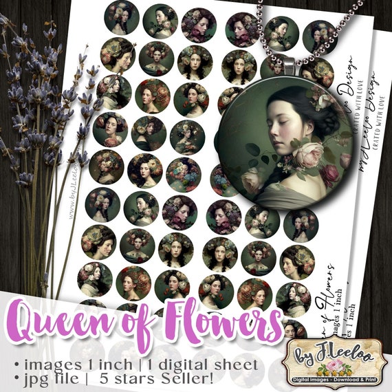 QUEEN of FLOWERS round pendants | women with romantic flowers | chic french portrait | vintage botanical portraits | flowery spring tn643
