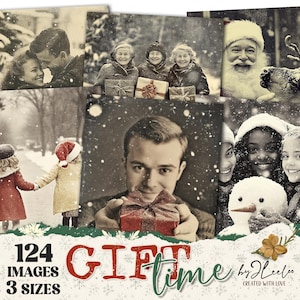 GIFT TIME-collectie 124 portretten 3 maten | Oude vintage kerstfoto's digitale kunst | Afdrukbare feestdagen kortstondige muurdecoratie voor thuis | pp889