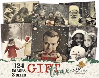 Puede incluir: Una colección de 124 imágenes navideñas de estilo vintage en tres tamaños. Las imágenes presentan familias, parejas, niños, Papá Noel, renos, muñecos de nieve y escenas de invierno. Las imágenes están en blanco y negro con un tono sepia y tienen un ambiente vintage y nostálgico.