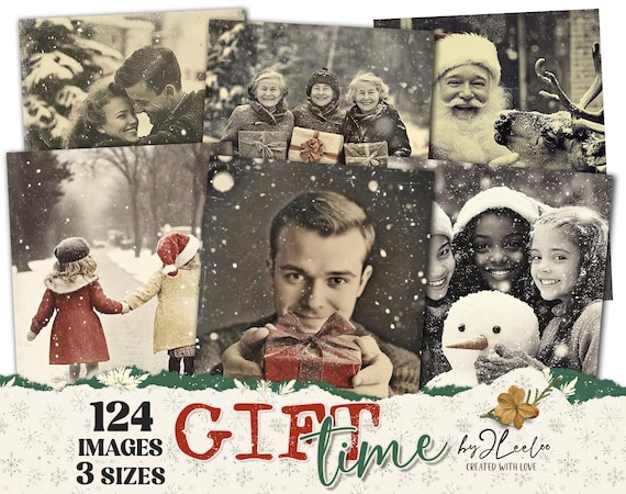 GIFT TIME collection 124 portraits 3 sizes | Old vintage Christmas photos digital art | Holidays ephemera printable Home Wall Decor | pp889