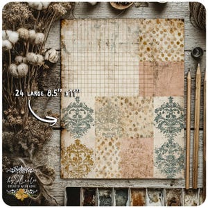 May include: A sheet of 8.5" x 11" paper with a vintage design. The paper is divided into sections with grid, floral, and dotted patterns in beige, pink, and teal. The text "24 LARGE 8.5" x 11"" is visible.