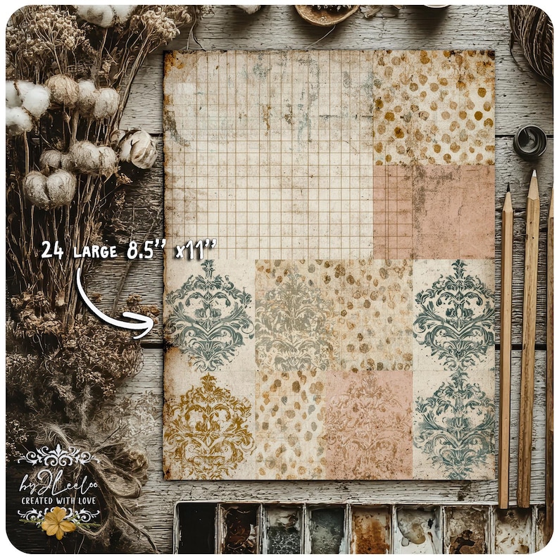 May include: A sheet of 8.5" x 11" paper with a vintage design. The paper is divided into sections with grid, floral, and dotted patterns in beige, pink, and teal. The text "24 LARGE 8.5" x 11"" is visible.