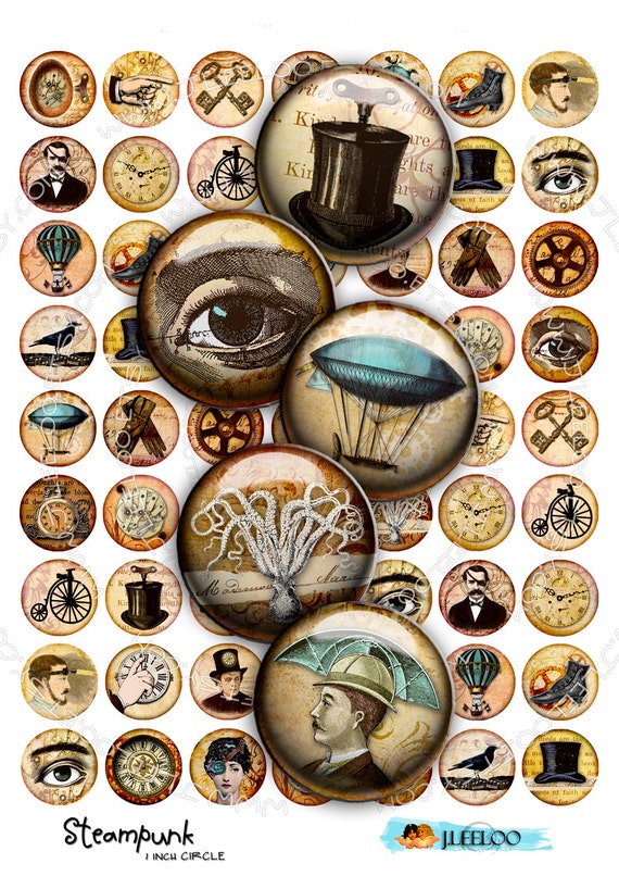 Digital collage sheet STEAMPUNK images 1 inch circle for resin pendants charms pins hang tags craft scrapbook instant download tn293