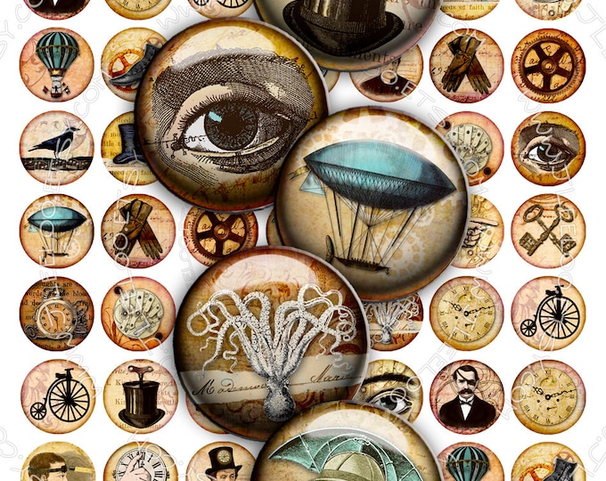 Digital collage sheet STEAMPUNK images 1 inch circle for resin pendants charms pins hang tags craft scrapbook instant download tn293