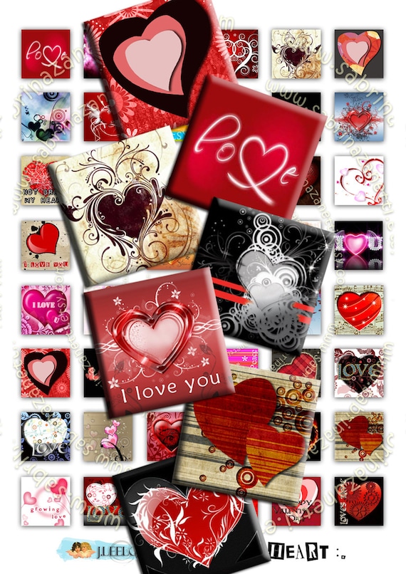 HEART square 1x1 inch Digital collage sheet love valentine clipart amour for pendant magnets craft instant download printable jpg qu152