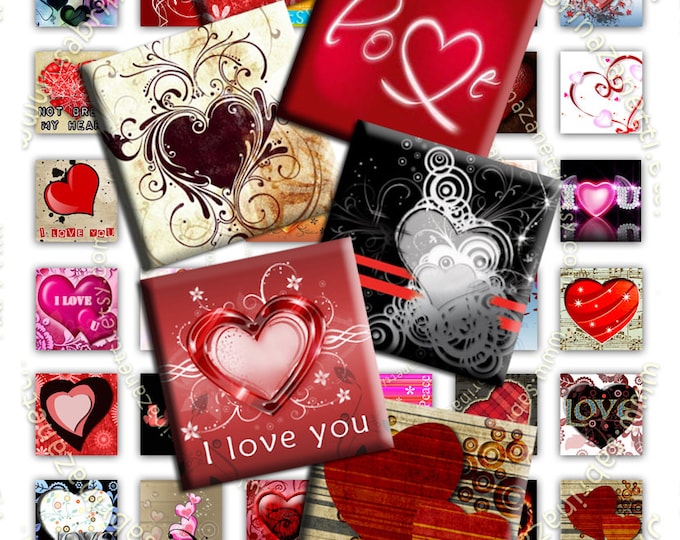 HEART square 1x1 inch Digital collage sheet love valentine clipart amour for pendant magnets craft instant download printable jpg qu152