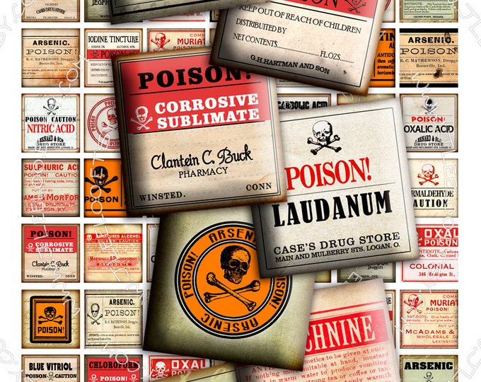 Digital paper POISON 1x1 inch square goth apothecary labels arsenic magnet stickers mirrors pendant instant download printable qu436