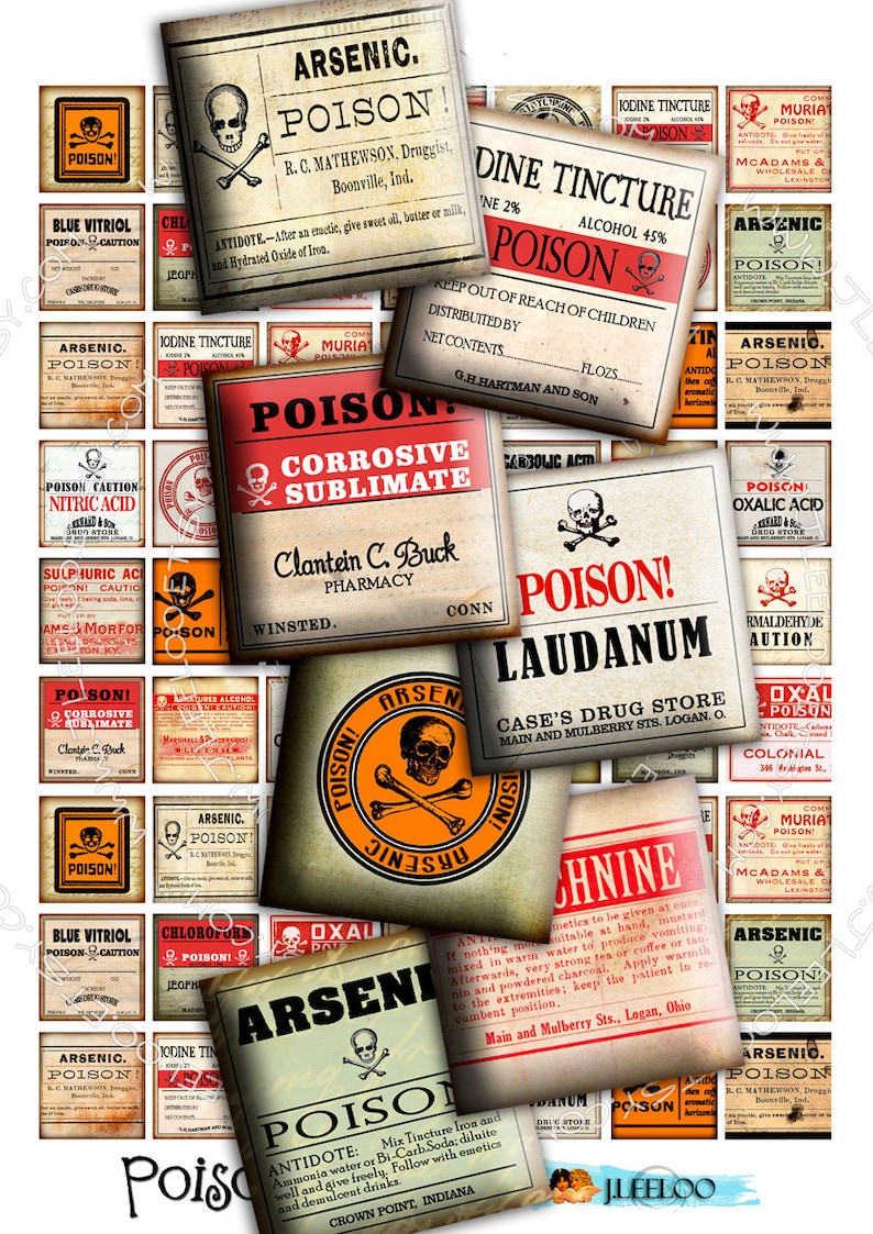 Digital paper POISON 1x1 inch square goth apothecary labels arsenic magnet stickers mirrors pendant instant download printable qu436