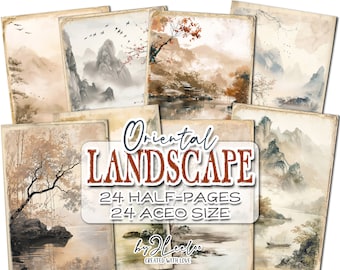 ORIENTAL LANDSCAPE half pages printable | Junk journal Zen Aceo Card Mixed Media supplies Backdrops  | Grunge dirty paper collage | pp784
