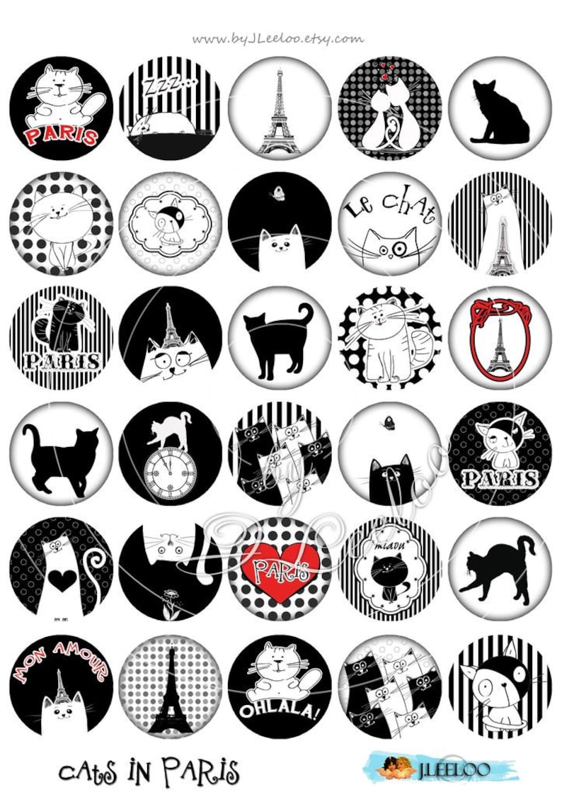 Digital collage sheet CATS IN PARIS 1.5 inch circle hang tags hand drawn images pendant magnet instant download printable image tn319