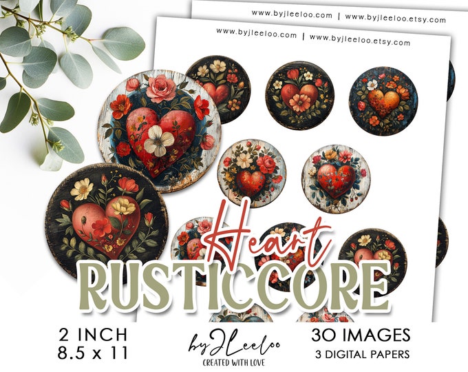 RUSTICCORE HEART 2 inch printable | supplies circle charm pendant Valentine lovers gift pin magnet journal stickers Cottagecore  | tn754