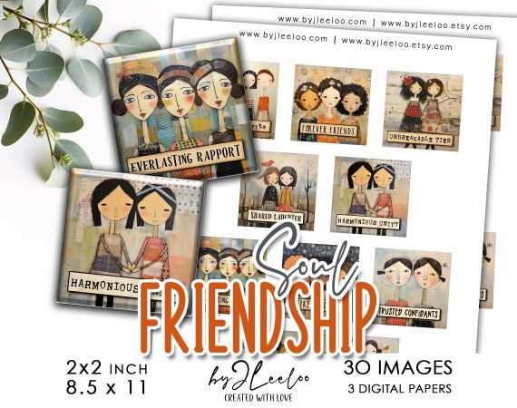 SOUL FRIENDSHIP 2x2 inch printable | supplies square pendants, magnet, sticker, bezel trays, glass cabochon mountings, girls cameo | qu582