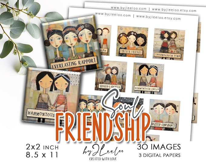 SOUL FRIENDSHIP 2x2 inch printable | supplies square pendants, magnet, sticker, bezel trays, glass cabochon mountings, girls cameo | qu582