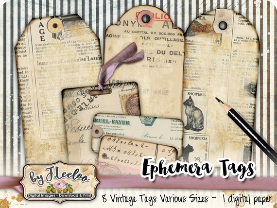EPHEMERA TAGS vintage script diary distressed jewelry holder paper goods for craft art Digital collage instant download printable tl224