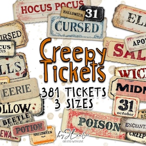 CREEPY TICKETS do wydrukowania Straszny Halloween | Etykiety słowne Naklejki Vintage Spooky Junk Journal Gothic | kolekcja scrapbookingu art CU | tl301