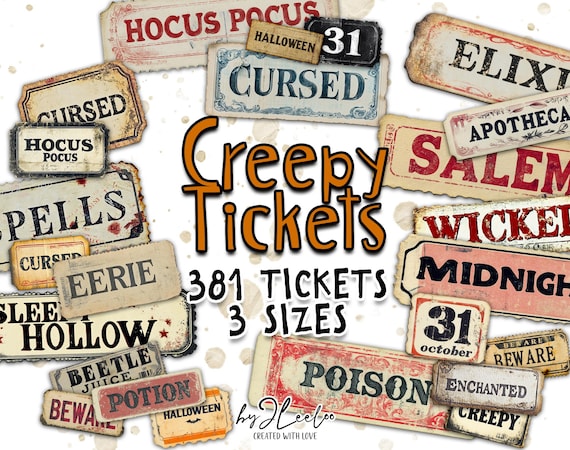 CREEPY TICKETS printable Scary Halloween | Word Labels Vintage Stickers Spooky Junk journal Gothic | scrapbooking collection art CU | tl301