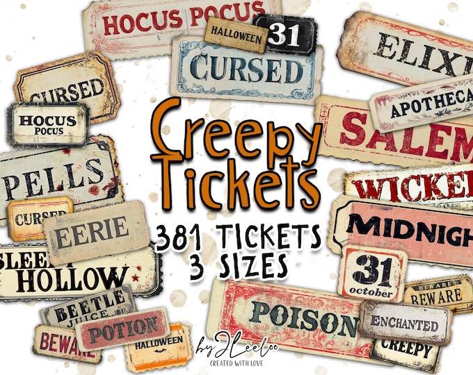 CREEPY TICKETS printable Scary Halloween | Word Labels Vintage Stickers Spooky Junk journal Gothic | scrapbooking collection art CU | tl301