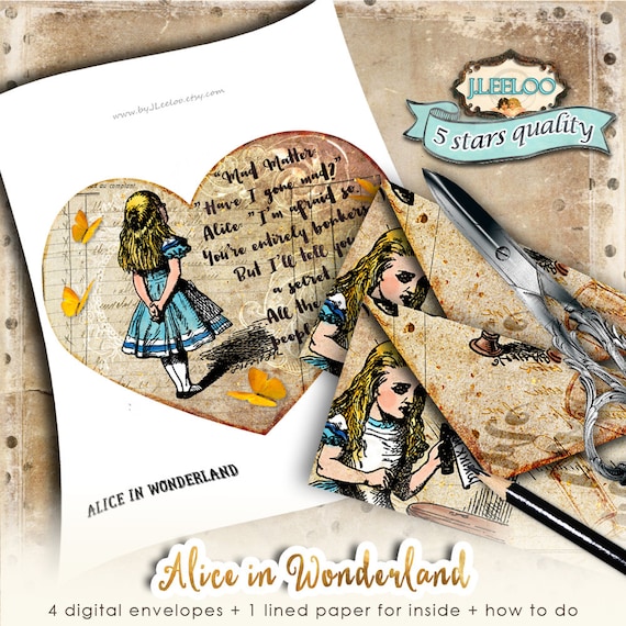 ALICE WONDERLAND envelopes heart cards gift Digital collage sheet journal art scrapbook hobby diy vintage french printable pp411