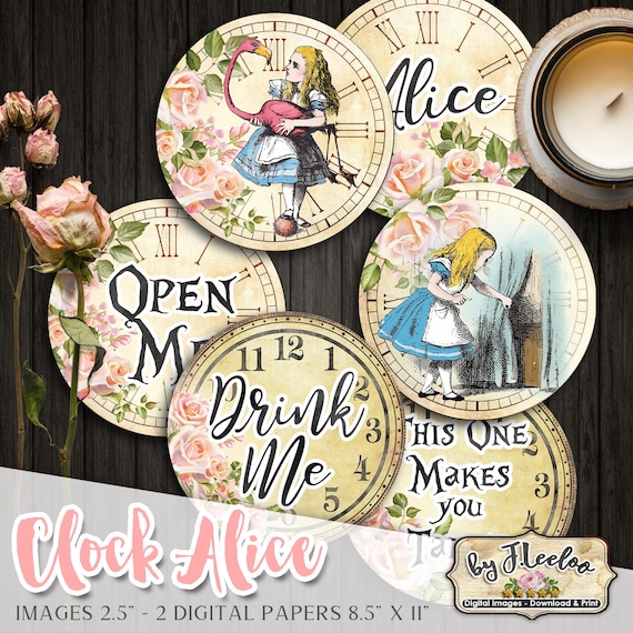 CLOCK FACE ALICE 2.5 inch circle printable clocks bottle caps stickers for pendants magnets coaster graphic digital collage sheet tn608