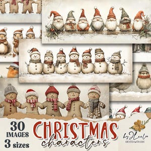 Puede incluir: Un conjunto de 30 imágenes digitales con varios personajes navideños, incluyendo muñecos de nieve, personas de jengibre, ardillas, pájaros y gnomos. Las imágenes están en tres tamaños diferentes y son perfectas para manualidades y proyectos digitales.