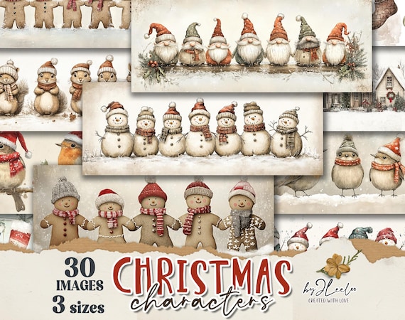 CHRISTMAS CHARACTERS bookmarks 3 sizes | landscape illustration wrapper decor gift | Label tag printable | Digital Download CU | pp886