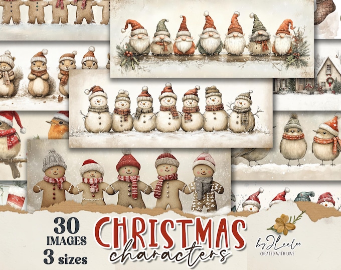 CHRISTMAS CHARACTERS bookmarks 3 sizes | landscape illustration wrapper decor gift | Label tag printable | Digital Download CU | pp886
