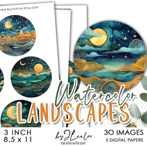 水彩風景 3 インチ 星空 円形 印刷可能 | ボトル キャップ ステッカー ペンダント ピン バッジ マグネット ミラー | グラフィック デジタル コラージュ | tn726