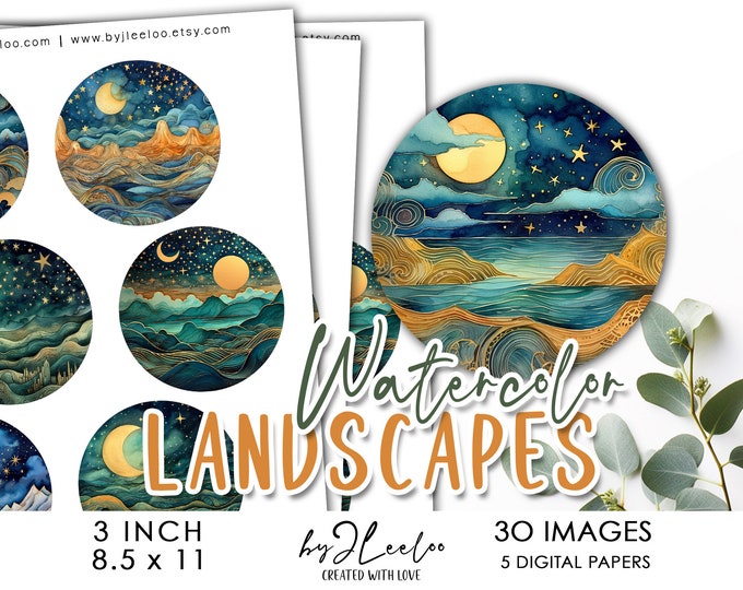 WATERCOLOR LANDSCAPE 3 inch starry circle printable | bottle cap sticker pendant pin badge magnet mirror | graphic digital collage | tn726