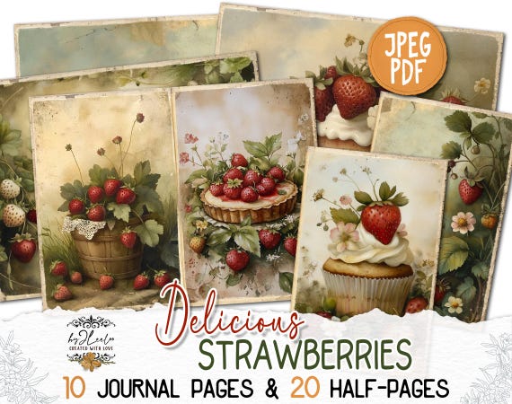 DELICIOUS STRAWBERRIES Junk Journal Pages printable | Vintage romantic pages | Digiscrap Kit scrapbook Fantasy collage Antique Craft | pp918