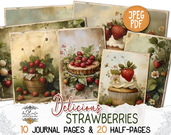 DELICIOUS STRAWBERRIES Junk Journal Pages printable | Vintage romantic pages | Digiscrap Kit scrapbook Fantasy collage Antique Craft | pp918