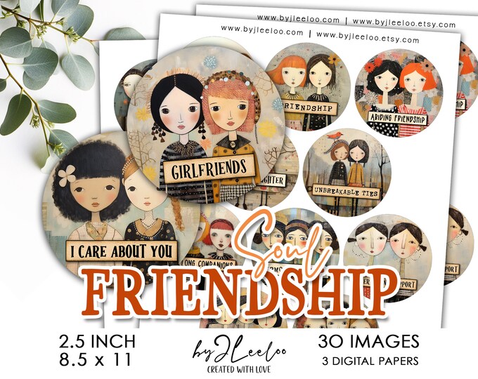 SOUL FRIENDSHIP 2.5 inch printable illustration | Supplies folk art pendant charm gift for girlfriend charm for friend altered art | tn749