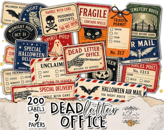 HALLOWEEN POSTAL LABELS Vintage Printable, Spooky Mail Stickers, Junk Journal Ephemera, Paper Craft | tl388