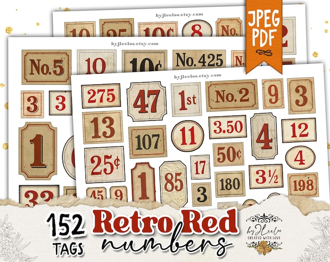 RETRO RED Numbers – Vintage Industrial Tags, Printable Labels for Junk Journal, Scrapbooking, Crafts | Download for DIY Paper lovers | tl333