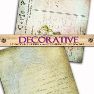 May include: Nine digital papers with vintage designs featuring faded floral patterns, handwritten text, and antique stamps. The papers are in shades of cream, beige, and light blue. Each paper is 8.27 inches by 11.69 inches.