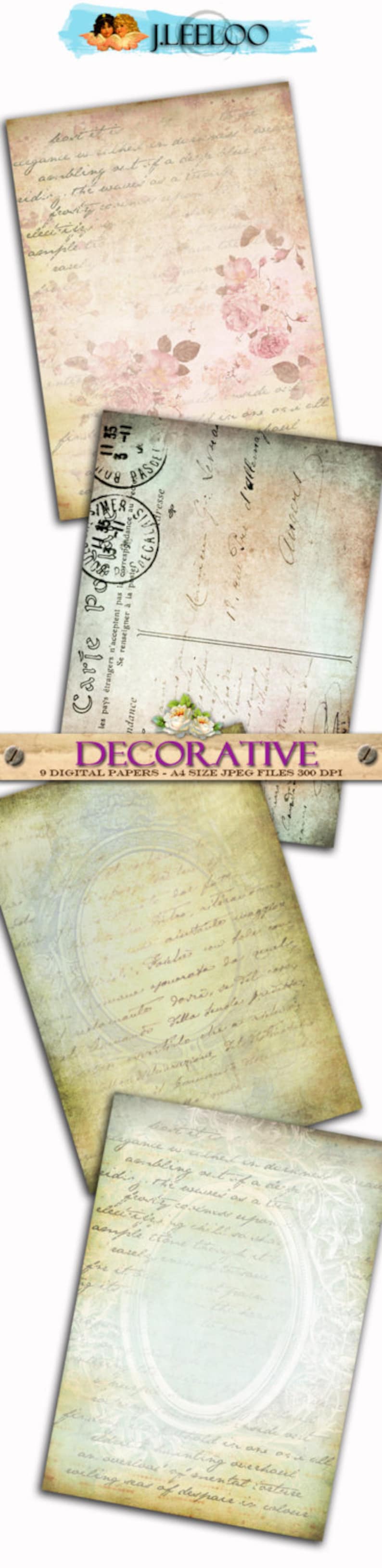 May include: Nine digital papers with vintage designs featuring faded floral patterns, handwritten text, and antique stamps. The papers are in shades of cream, beige, and light blue. Each paper is 8.27 inches by 11.69 inches.