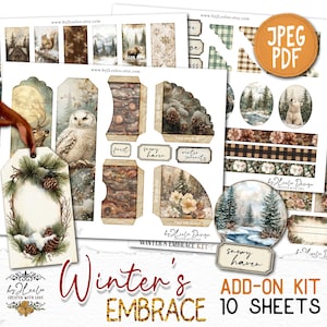 Puede incluir: Kit de complemento Winter's Embrace, un kit de scrapbooking digital con 10 hojas de imágenes imprimibles que representan escenas de invierno, búhos, muñecos de nieve y otros elementos invernales. El kit incluye una variedad de etiquetas, bordes y otros adornos.