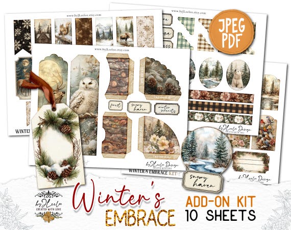 WINTER'S EMBRACE Add-On Kit Junk Journal Pages printable | Enchanted Winter Forest Frosted Scrapbook vintage | Digital art supplies | pp879