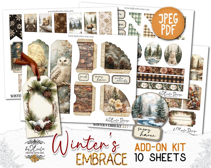 WINTER'S EMBRACE Add-On Kit Junk Journal Pages printable | Enchanted Winter Forest Frosted Scrapbook vintage | Digital art supplies | pp879